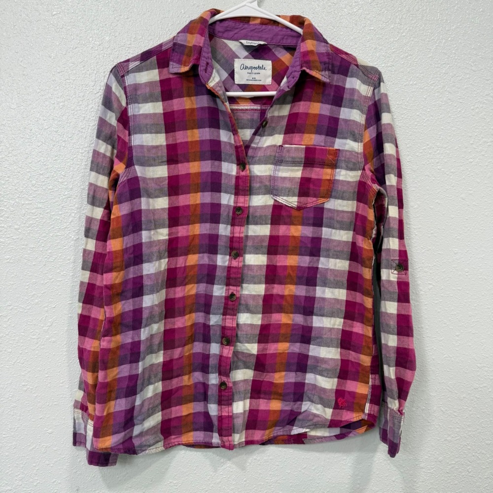 Aeropostale Womens Boyfriend Flannel Shirt M Purple Pink Orange Plaid Roll Tab